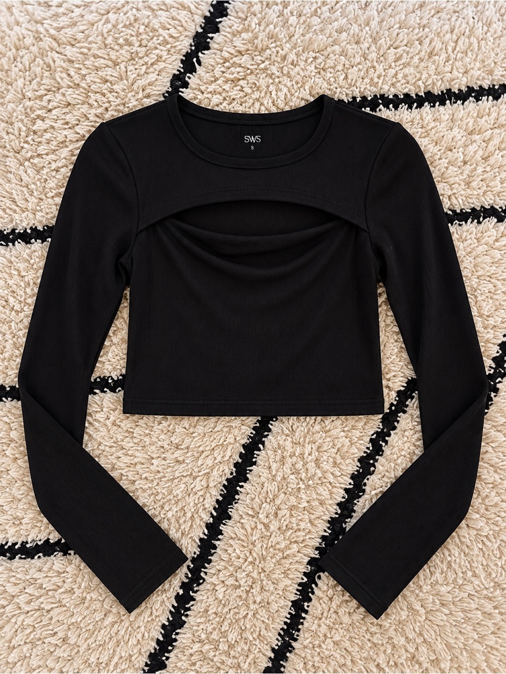 Black Long-Sleeve Cutout Crop Top by SWS